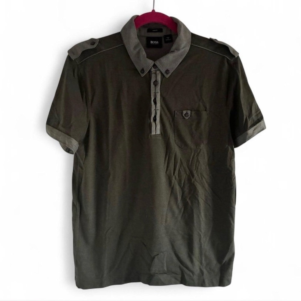BOSS Hugo Boss Charcoal Polo with Grey Trim Military Style Medium NWOT